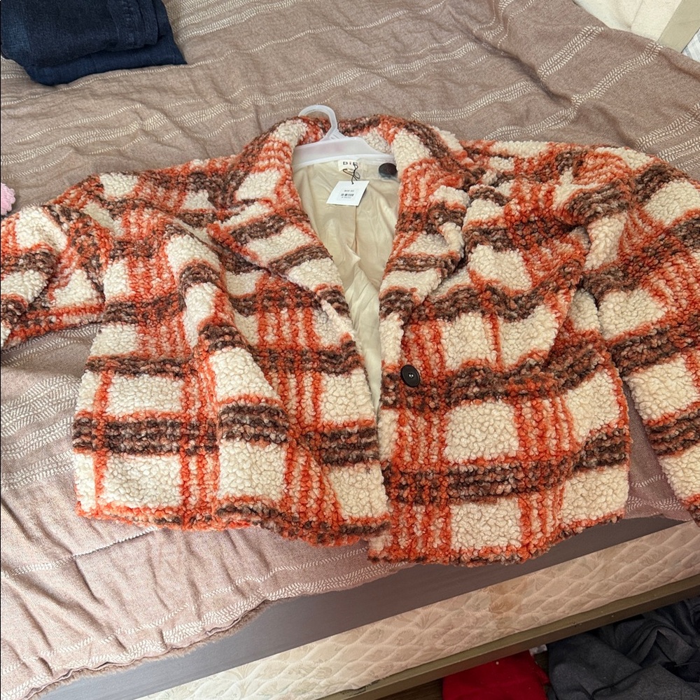 Boutique Orange and Brown Plaid Teddy Jacket